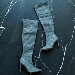 FASHION NOVA Blue Floral Embellished Over The Knee Boots Size 10 NEW NWOT